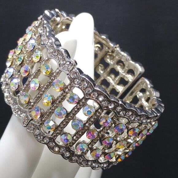 Aurora Borealis Rhinestone Cuff Bracelet, Silver Tone Stretch Metal Wide, 6 1/2" - Picture 3 of 8